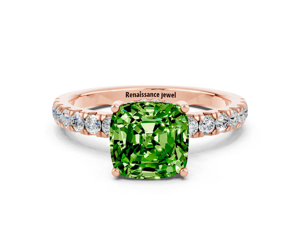 Rose gold Cushion Cut Peridot Pave Band Solitaire Ring with Round  and Prong Setting