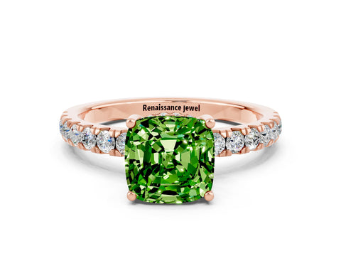 Rose gold Cushion Cut Peridot Pave Band Solitaire Ring with Four-Prong Setting_24