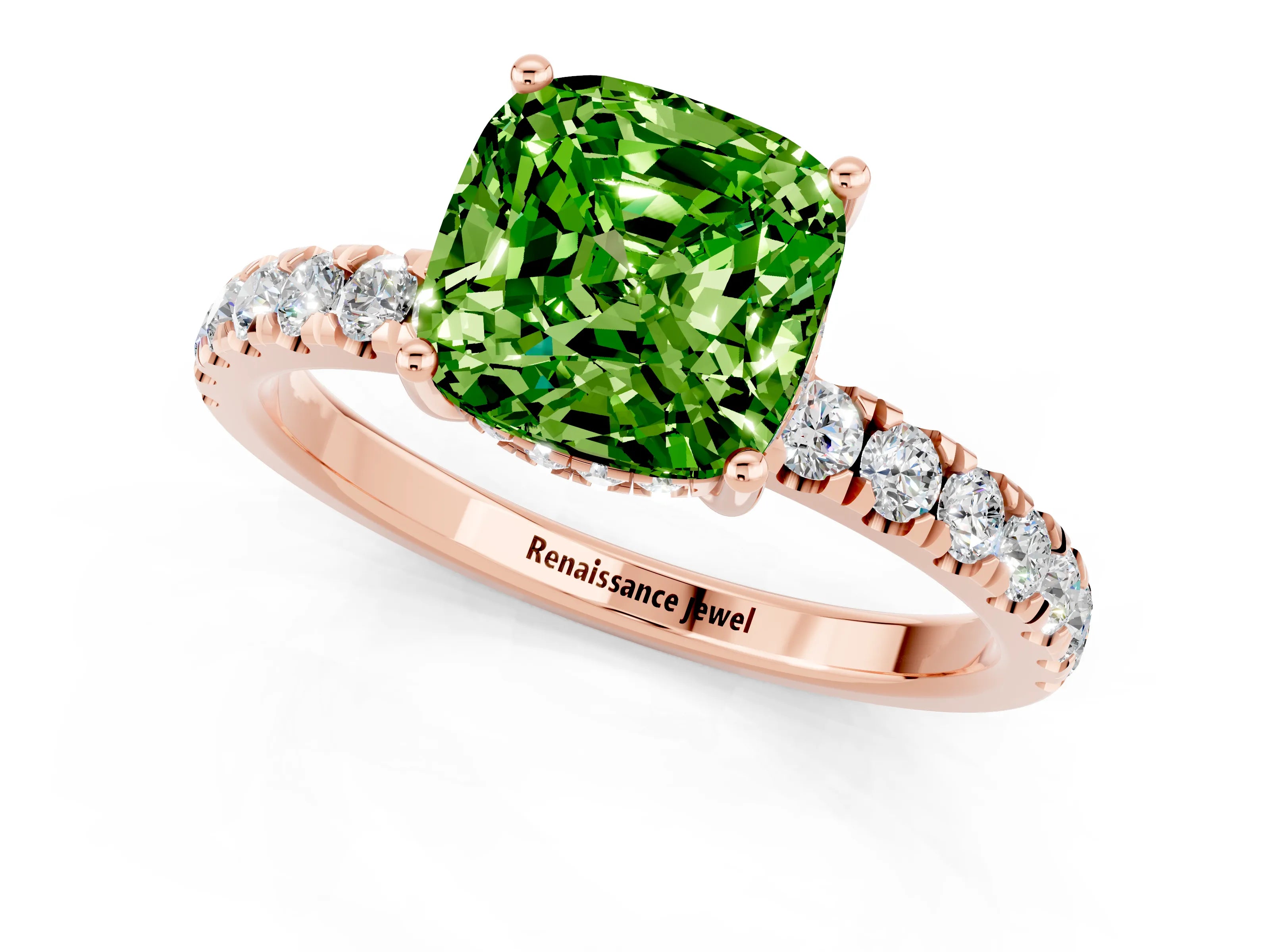 Rose gold Cushion Cut Peridot Pave Band Solitaire Ring with Four-Prong Setting_25