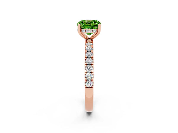 Rose gold Cushion Cut Peridot Pave Band Solitaire Ring with Round  and Prong Setting