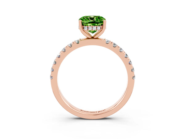 Rose gold Cushion Cut Peridot Pave Band Solitaire Ring with Round  and Prong Setting