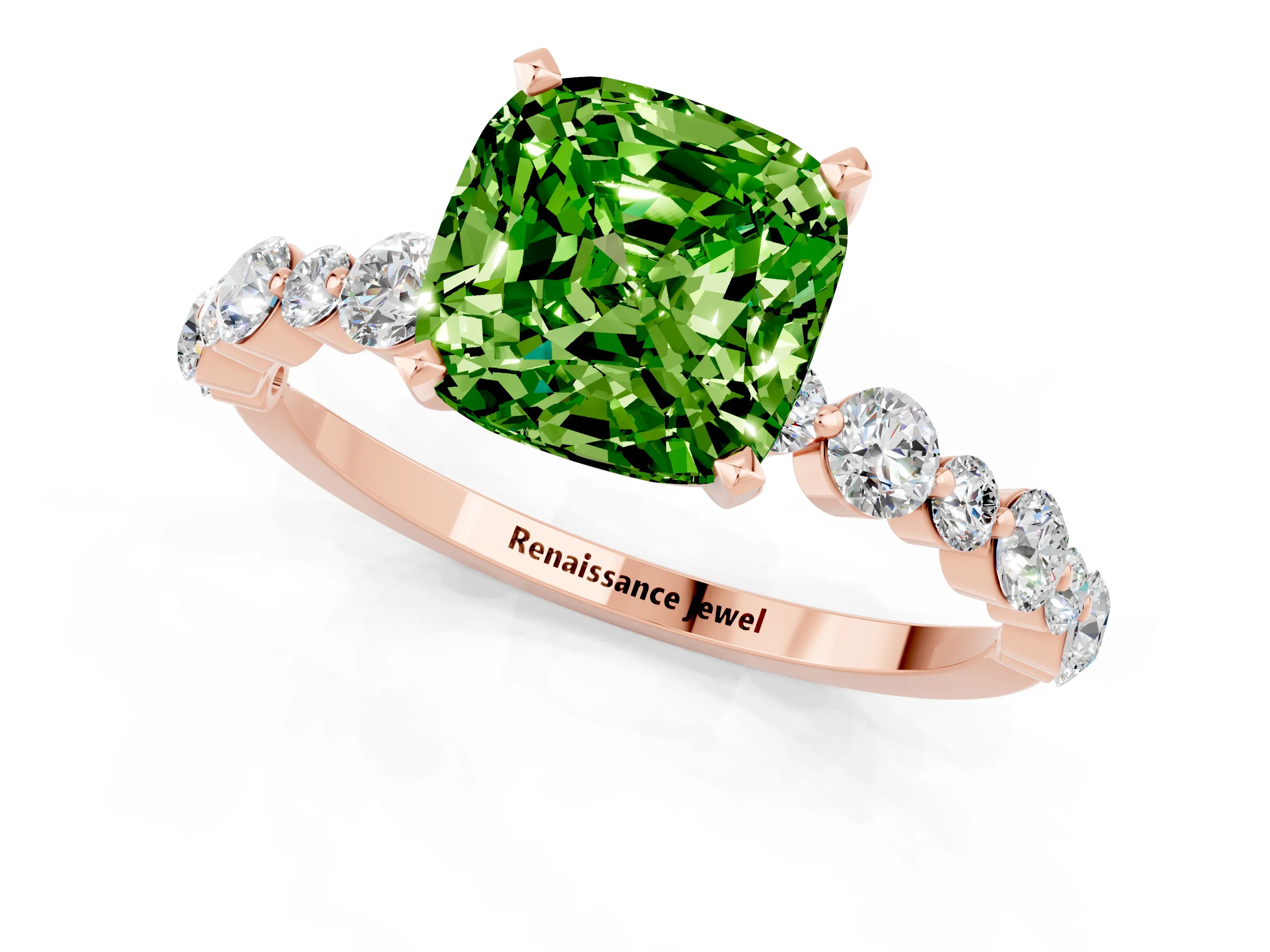 Rose gold Cushion Cut Peridot Prong Set Engagement Ring with Pavé Band_1