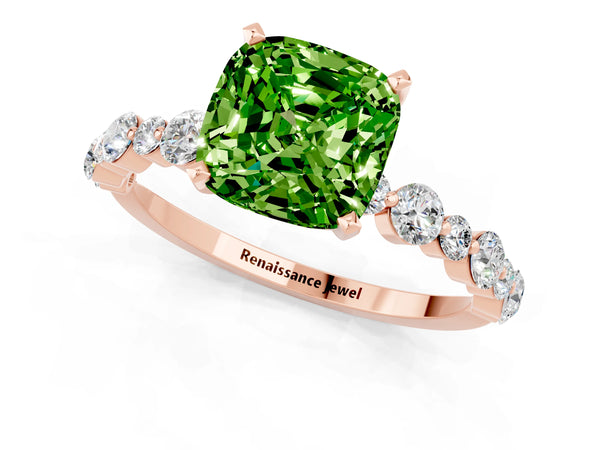 Rose gold Cushion Cut Peridot Prong Set Engagement Ring with Pavé Band