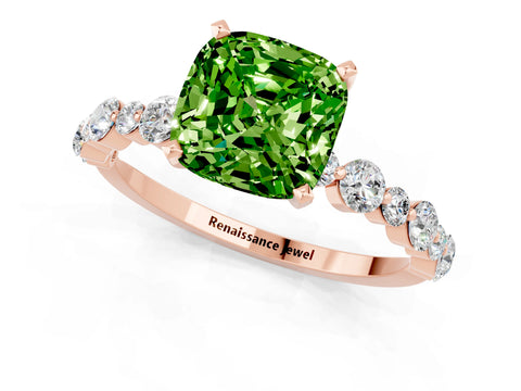 Rose gold Cushion Cut Peridot Prong Set Engagement Ring with Pavé Band_1