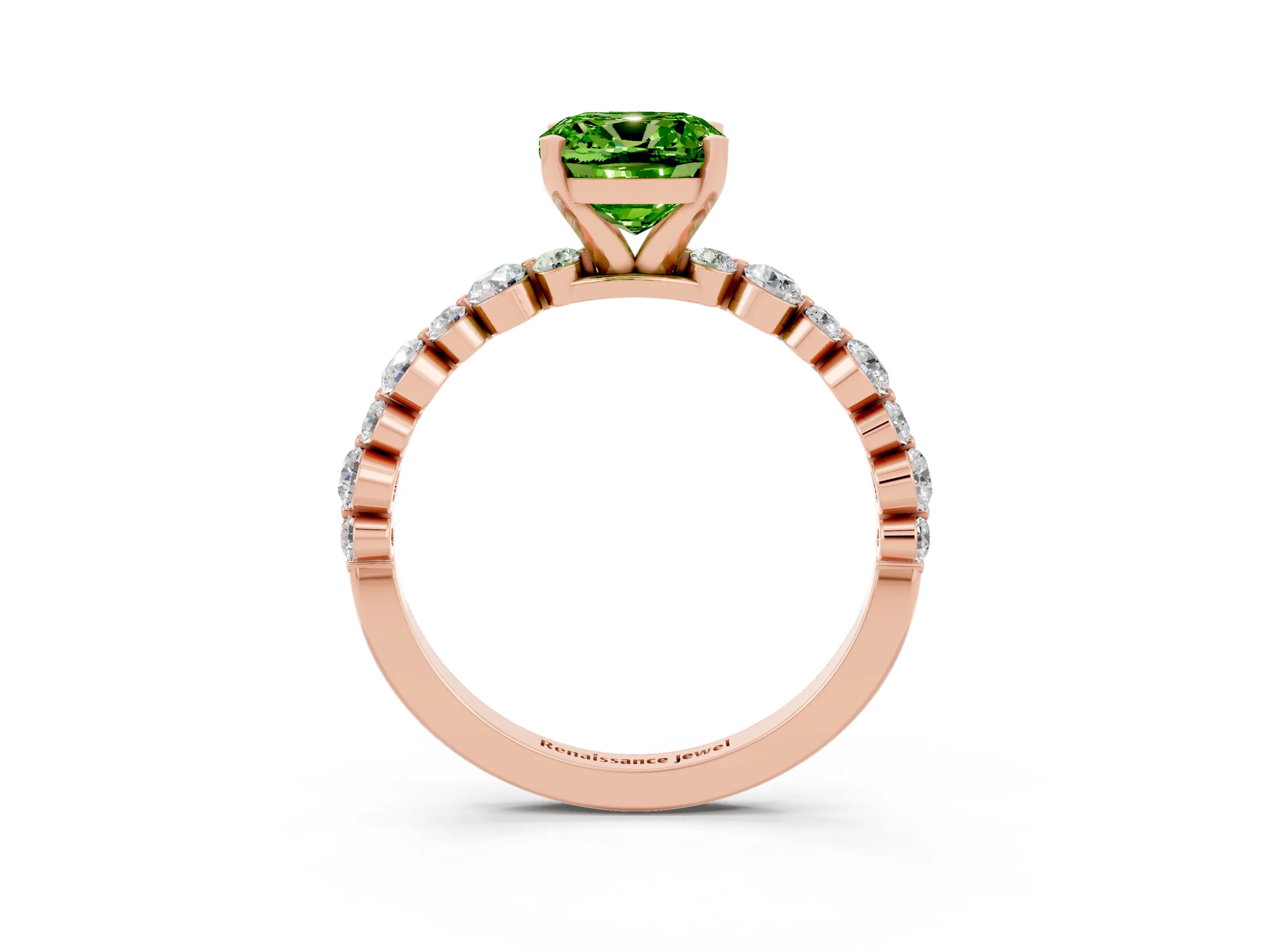 Rose gold Cushion Cut Peridot Prong Set Engagement Ring with Pavé Band_3