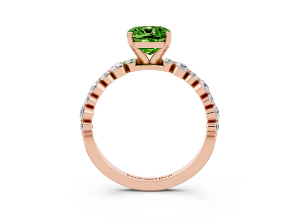 Rose gold Cushion Cut Peridot Prong Set Engagement Ring with Pavé Band