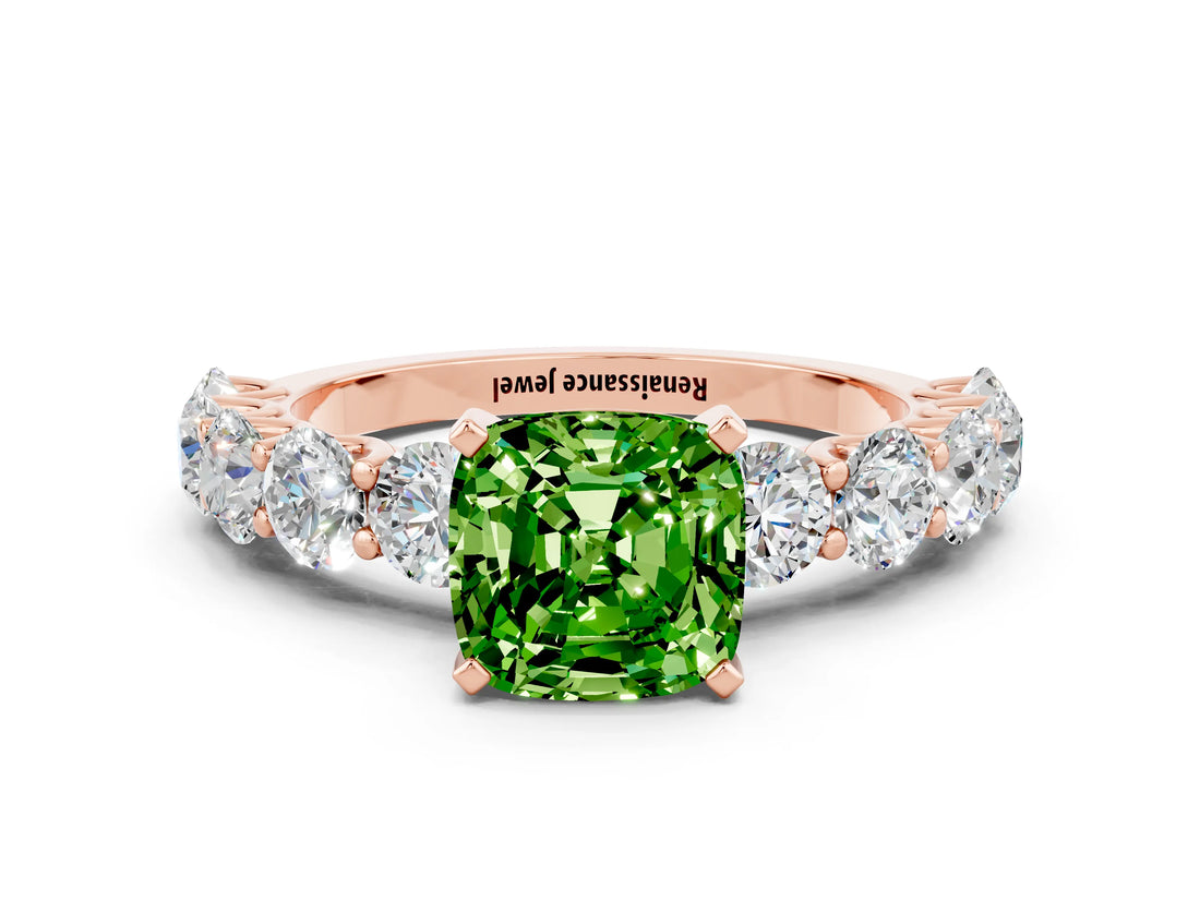 Rose gold Cushion Cut Peridot Prong Setting with Side Stones on a Pave Band