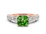 Rose gold Cushion Cut Peridot Prong Setting with Side Stones on a Pave Band