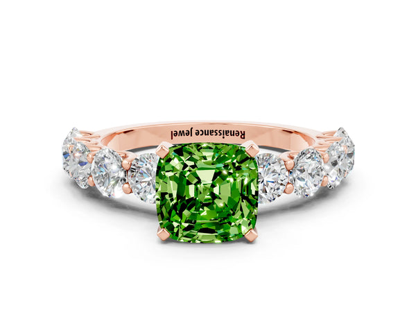 Rose gold Cushion Cut Peridot Prong Setting with Side Stones on a Pave Band