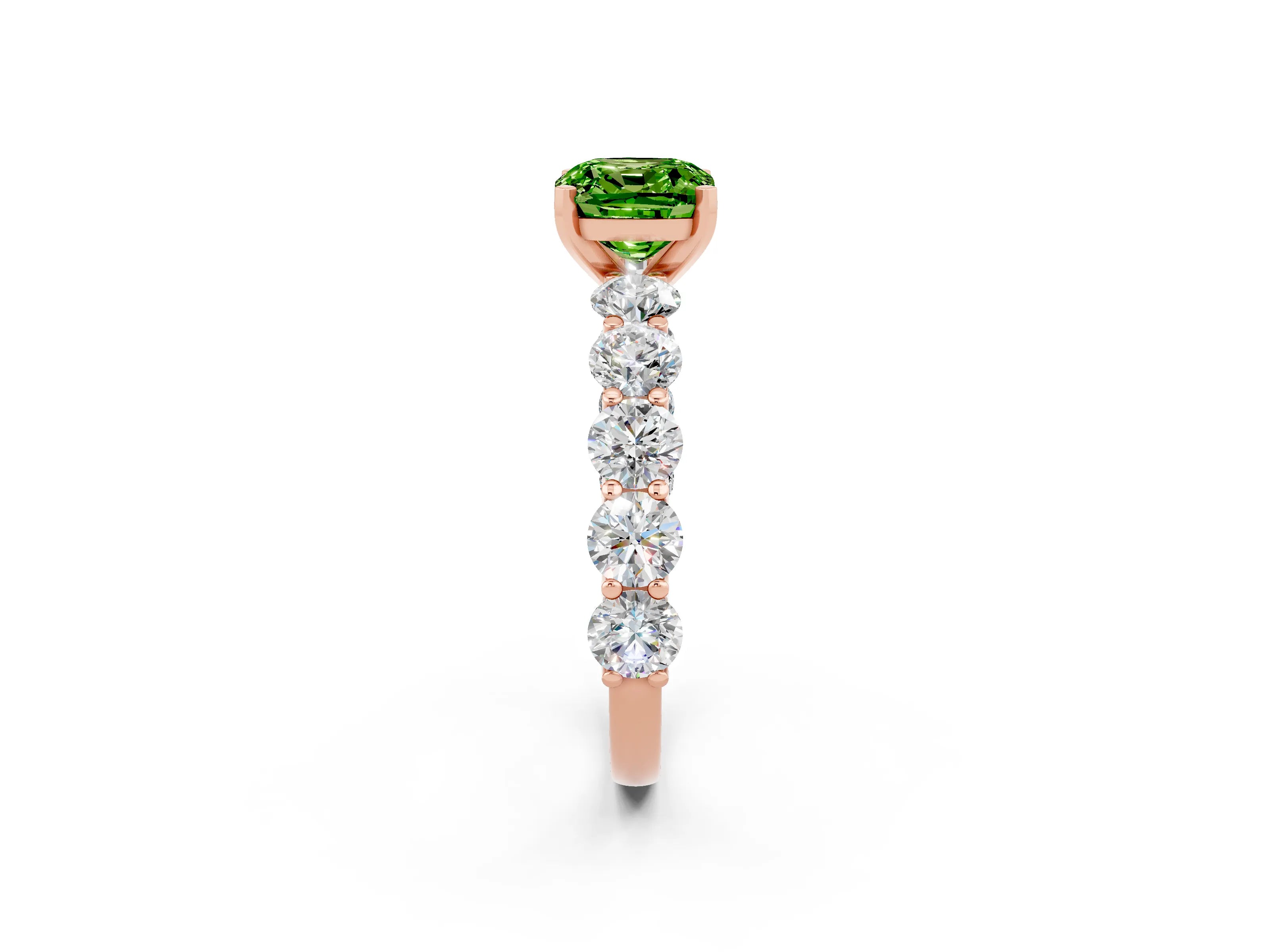 Rose gold Cushion Cut Peridot Prong Setting with Side Stones on a Pave Band_2