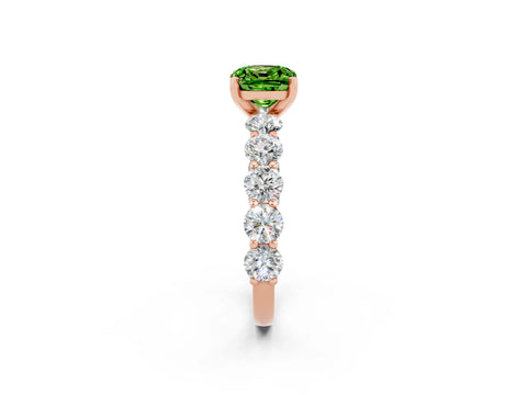 Rose gold Cushion Cut Peridot Prong Setting with Side Stones on a Pave Band_2