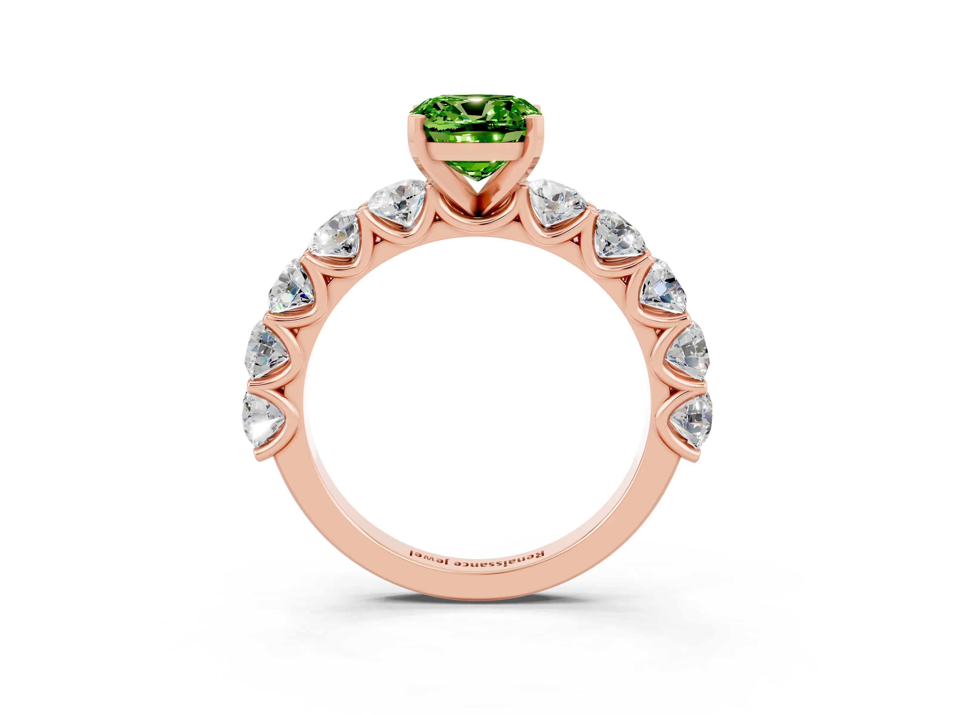 Rose gold Cushion Cut Peridot Prong Setting with Side Stones on a Pave Band_3