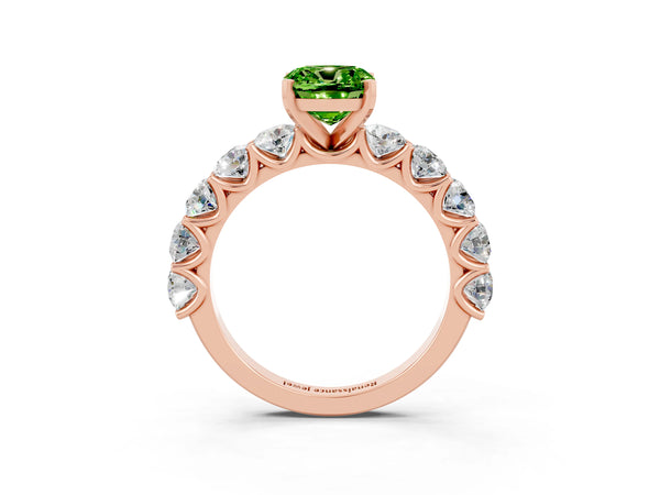 Rose gold Cushion Cut Peridot Prong Setting with Side Stones on a Pave Band