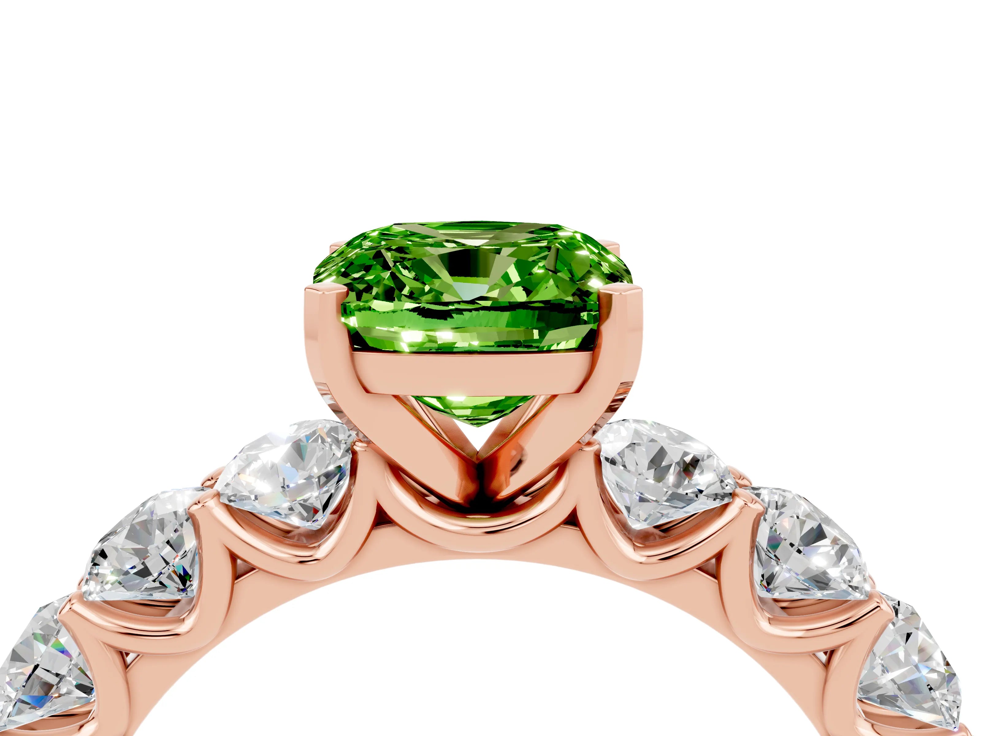 Rose gold Cushion Cut Peridot Prong Setting with Side Stones on a Pave Band_4