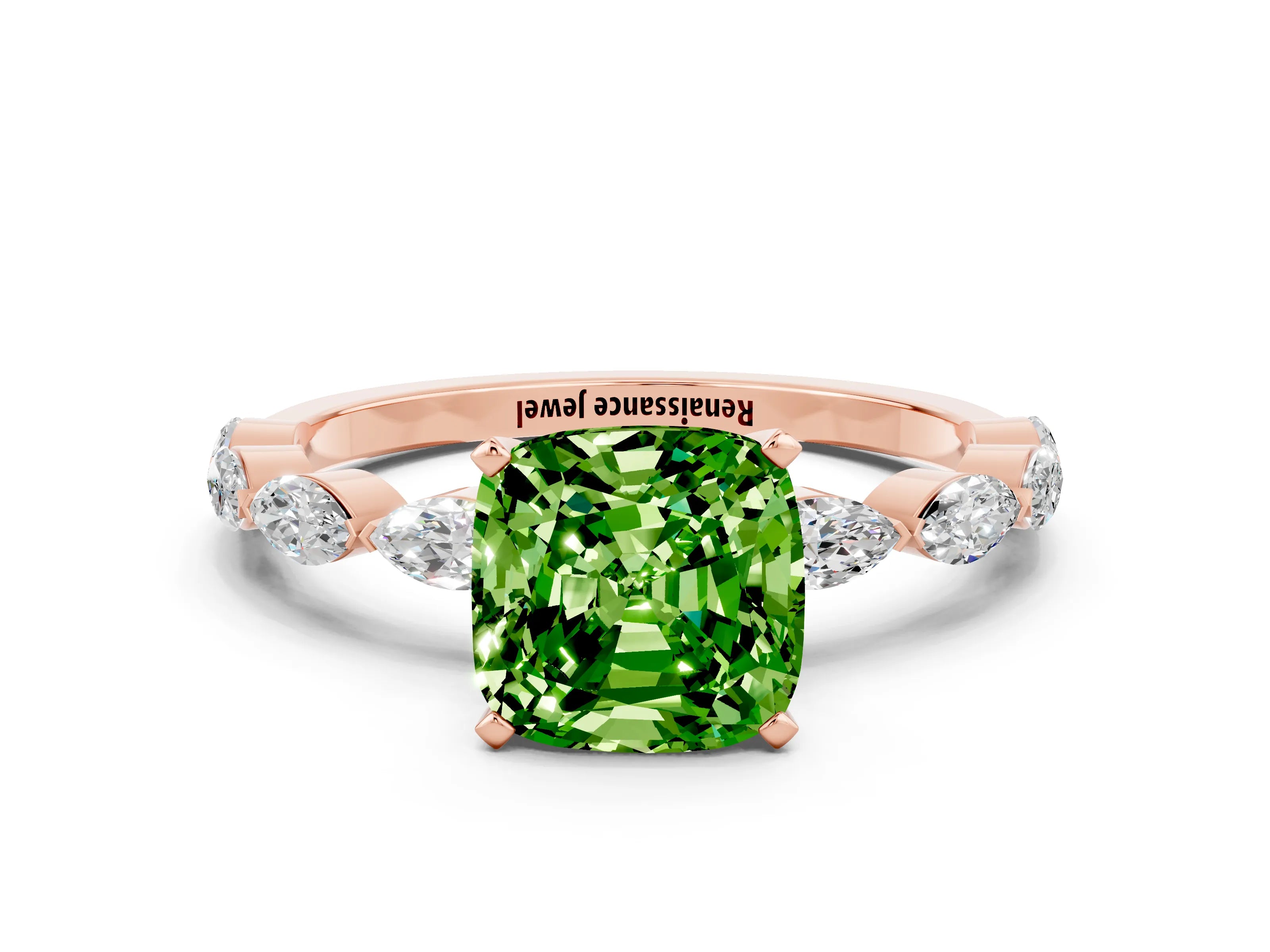 Rose gold Cushion Cut Peridot Ring with Marquise Side Stones and Prong Setting