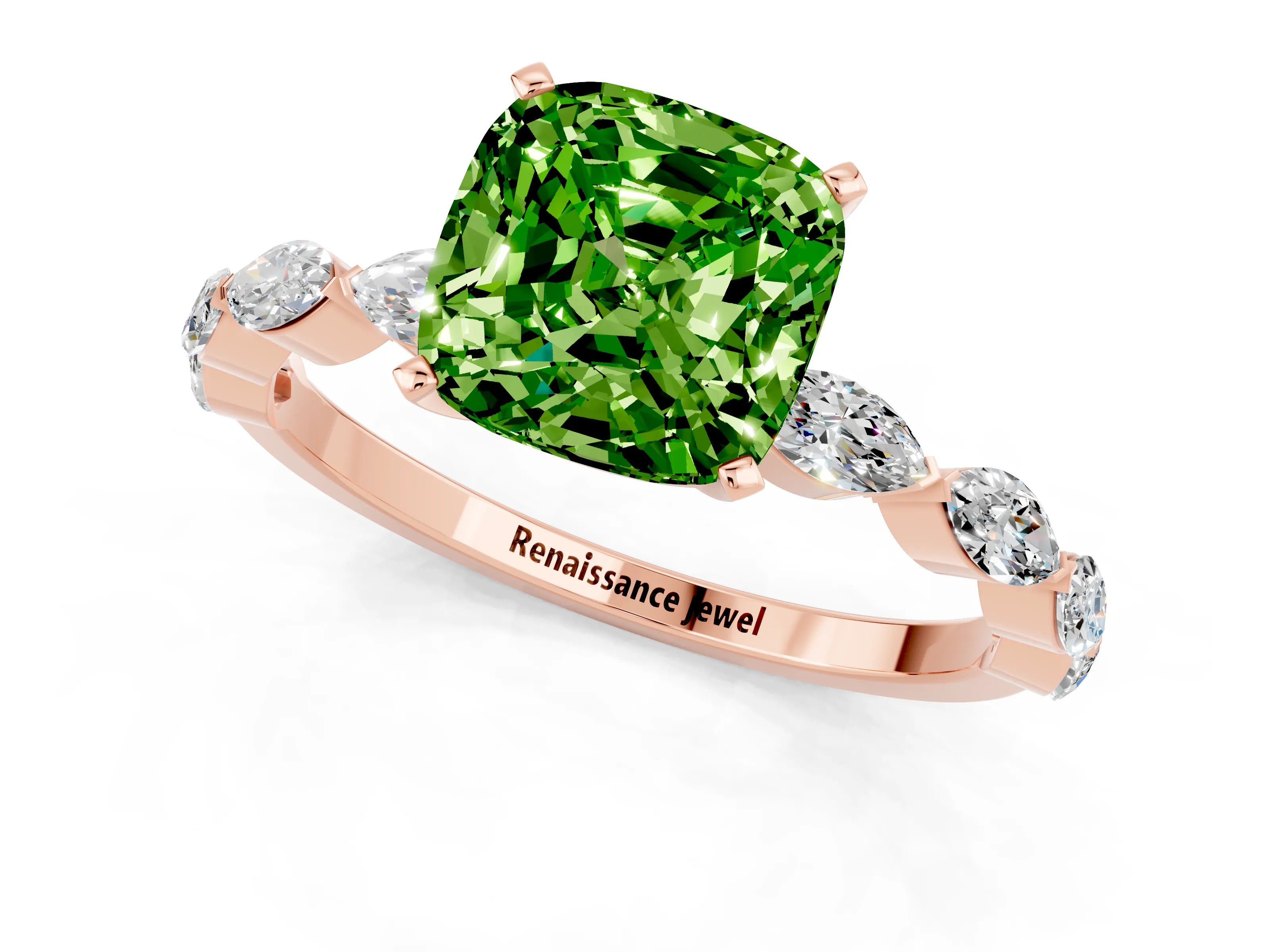 Rose gold Cushion Cut Peridot Ring with Marquise Side Stones and Prong Setting_1
