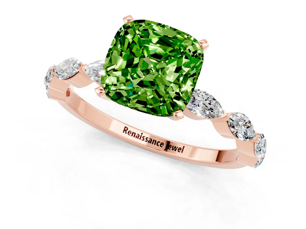 Rose gold Cushion Cut Peridot Ring with Marquise Side Stones and Prong Setting