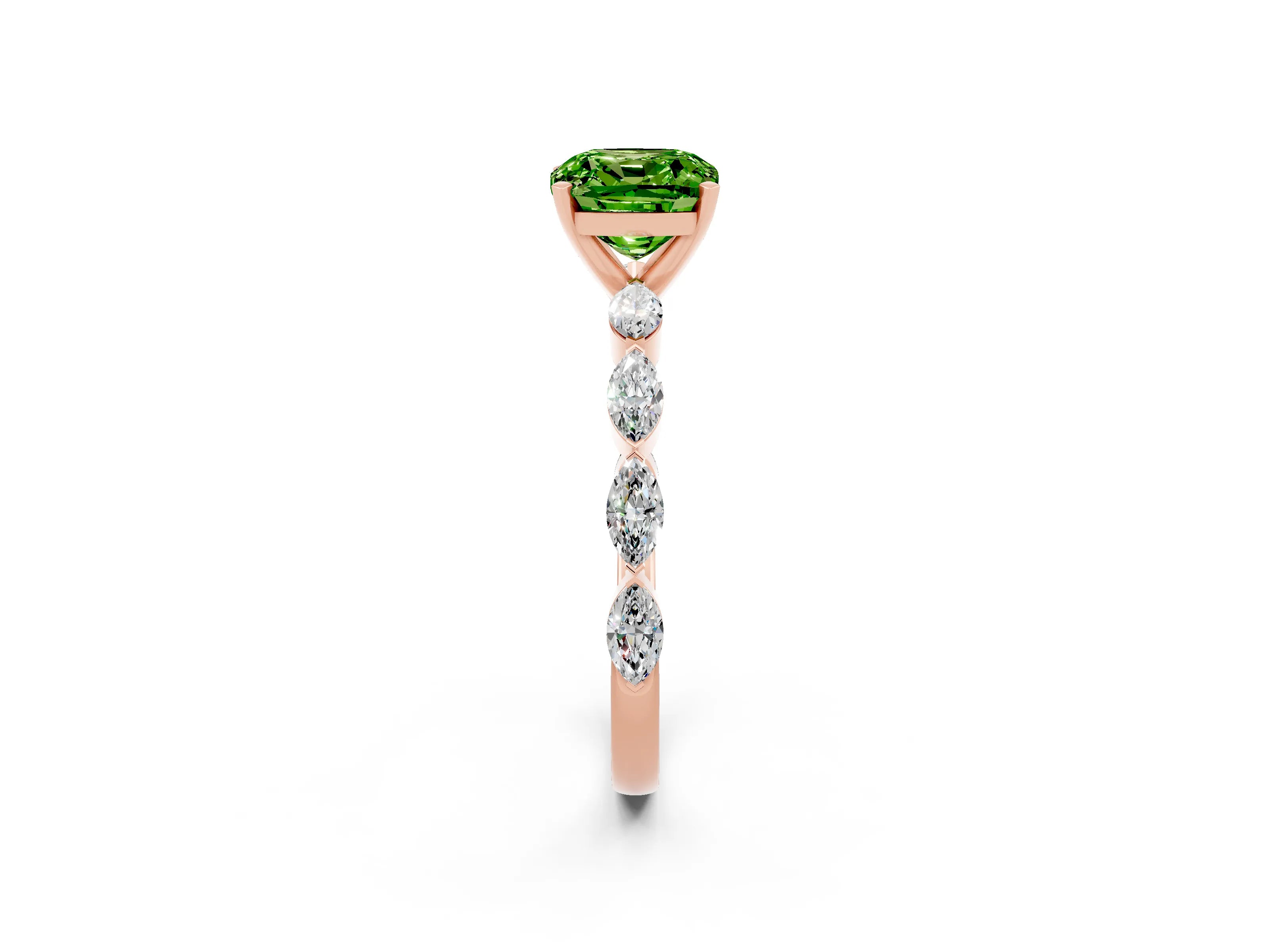 Rose gold Cushion Cut Peridot Ring with Marquise Side Stones and Prong Setting_2