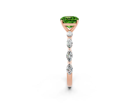 Rose gold Cushion Cut Peridot Ring with Marquise Side Stones and Prong Setting_2