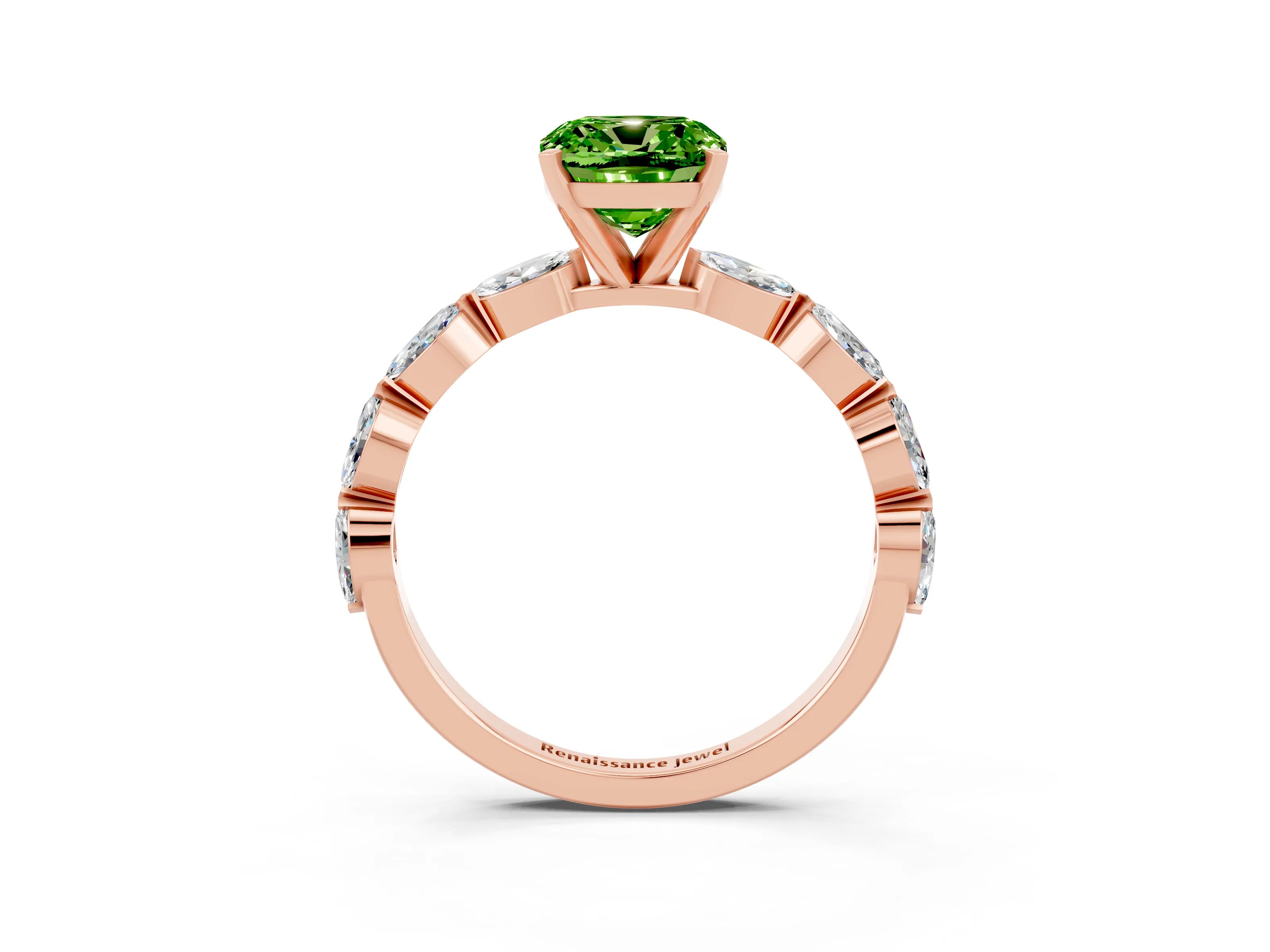 Rose gold Cushion Cut Peridot Ring with Marquise Side Stones and Prong Setting_3
