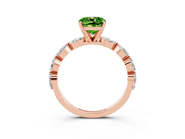 Rose gold Cushion Cut Peridot Ring with Marquise Side Stones and Prong Setting