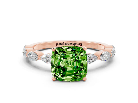 Rose gold Cushion Cut Peridot Ring with Marquise Side Stones and Prong Setting