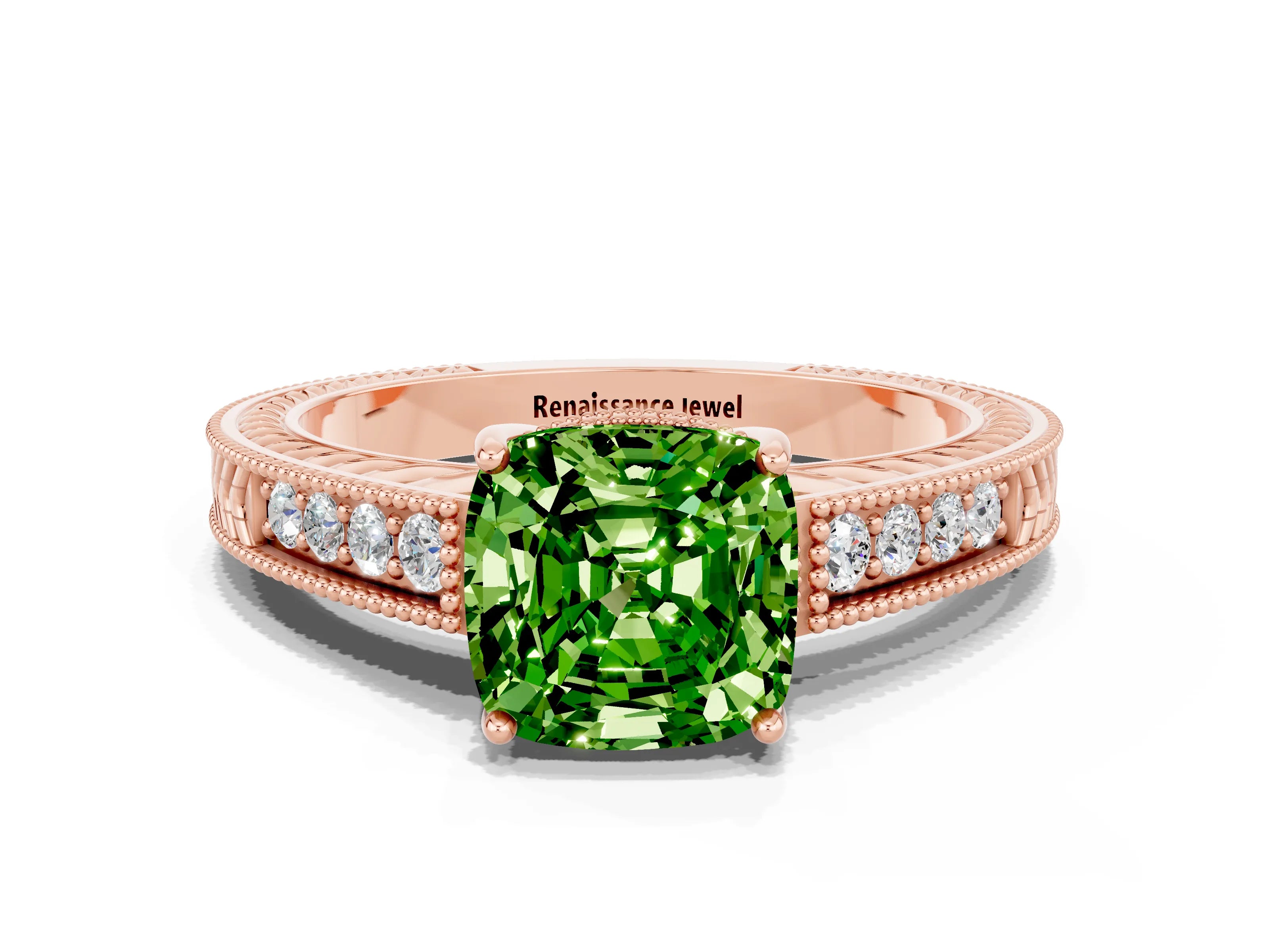 Rose gold Cushion Cut Peridot Ring with Milgrain Pavé Band and Four-Prong Setting_12