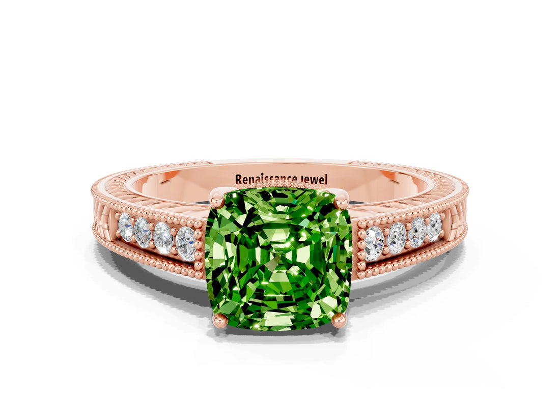 Rose gold Cushion Cut Peridot Ring with Milgrain Pavé Band and Four-Prong Setting_12