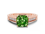 Rose gold Cushion Cut Peridot Ring with Milgrain Pavé Band and Four-Prong Setting_12