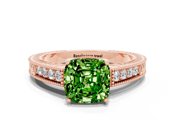 Rose gold Cushion Cut Peridot Ring with Milgrain Pavé Band and Four-Prong Setting
