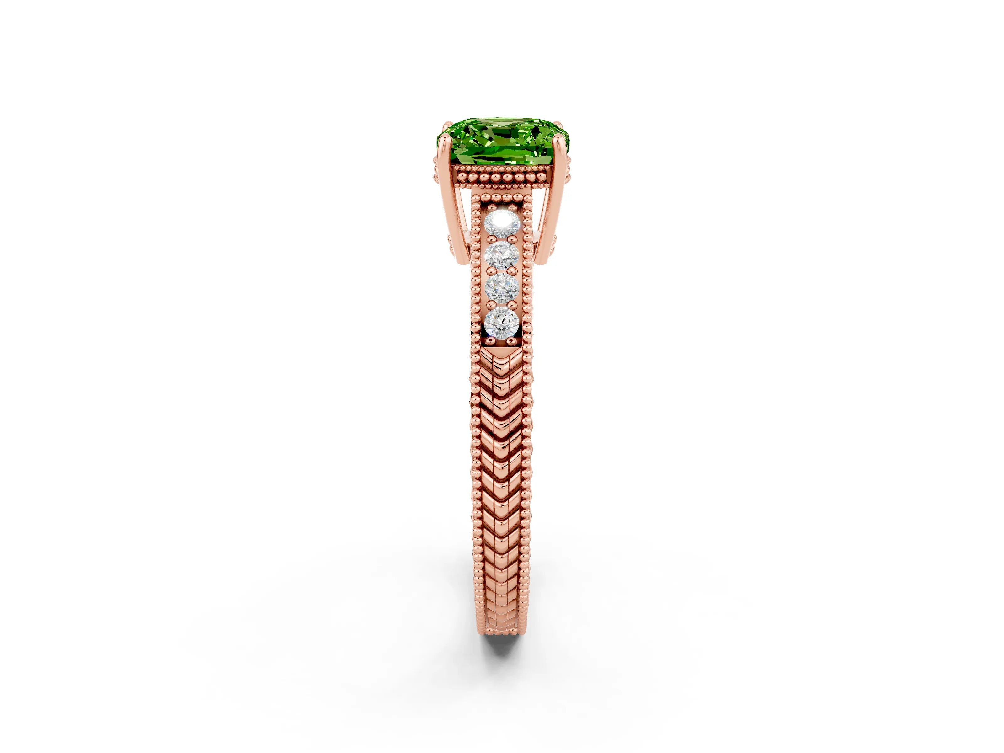 Rose gold Cushion Cut Peridot Ring with Milgrain Pavé Band and Four-Prong Setting_14