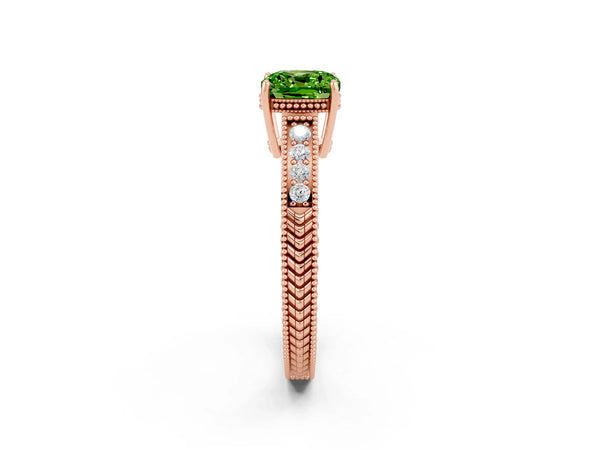 Rose gold Cushion Cut Peridot Ring with Milgrain Pavé Band and Four-Prong Setting