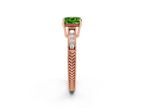 Rose gold Cushion Cut Peridot Ring with Milgrain Pavé Band and Four-Prong Setting_14