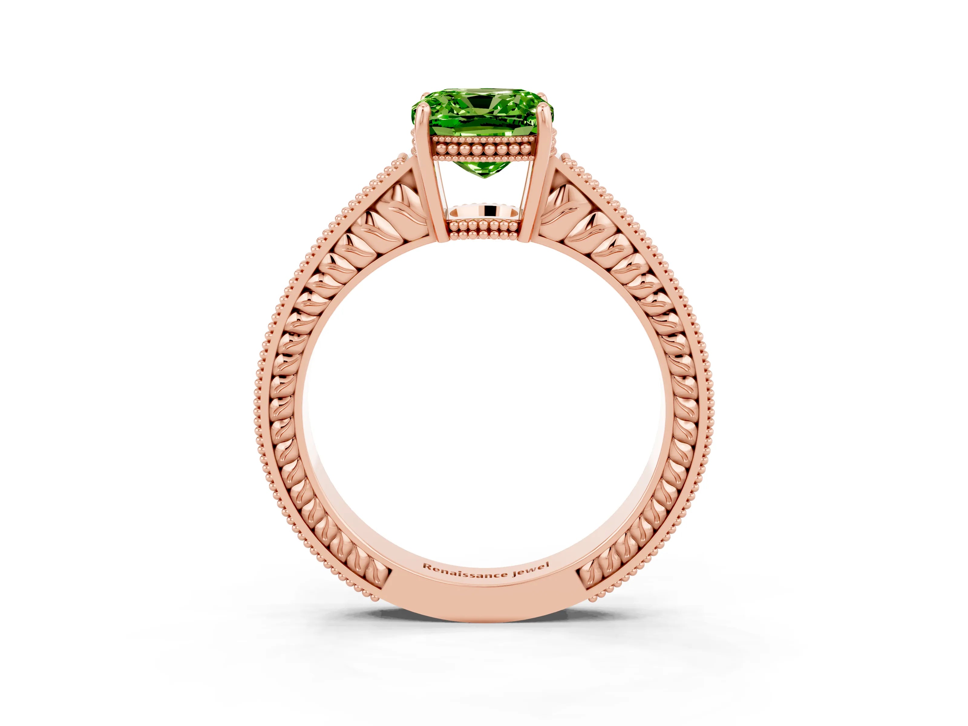 Rose gold Cushion Cut Peridot Ring with Milgrain Pavé Band and Four-Prong Setting_15