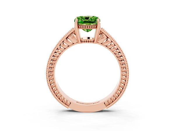 Rose gold Cushion Cut Peridot Ring with Milgrain Pavé Band and Four-Prong Setting