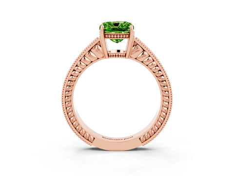 Rose gold Cushion Cut Peridot Ring with Milgrain Pavé Band and Four-Prong Setting_15
