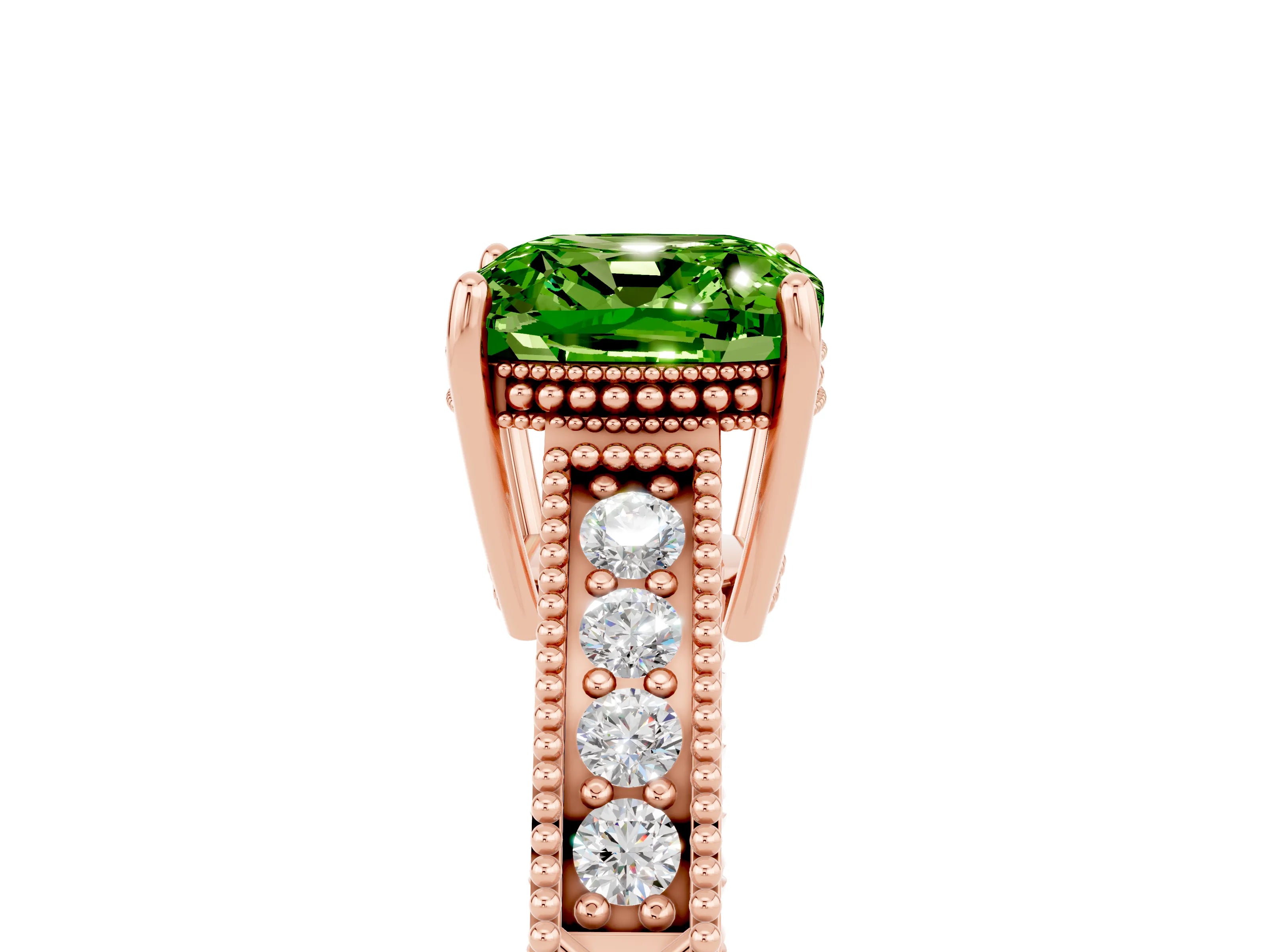 Rose gold Cushion Cut Peridot Ring with Milgrain Pavé Band and Four-Prong Setting_17