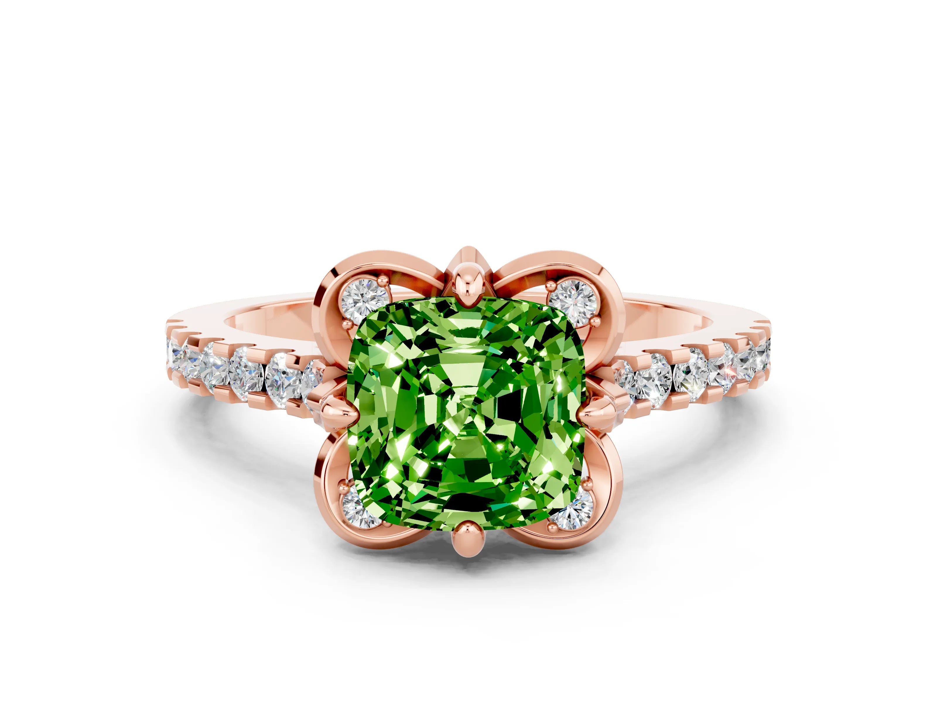 Rose gold Cushion Cut Peridot Ring with Pavé Band and Floral Prong Setting