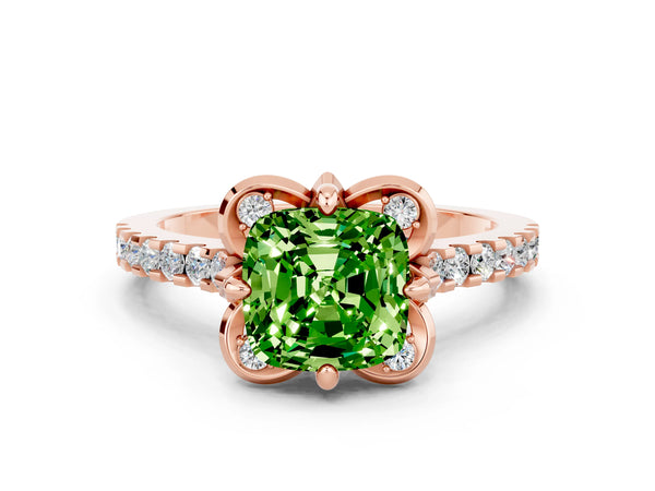 Rose gold Cushion Cut Peridot Ring with Pavé Band and Floral Prong Setting