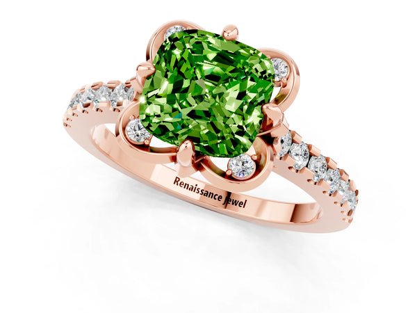 Rose gold Cushion Cut Peridot Ring with Pavé Band and Floral Prong Setting
