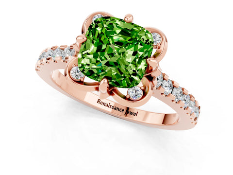 Rose gold Cushion Cut Peridot Ring with Pavé Band and Floral Prong Setting_1