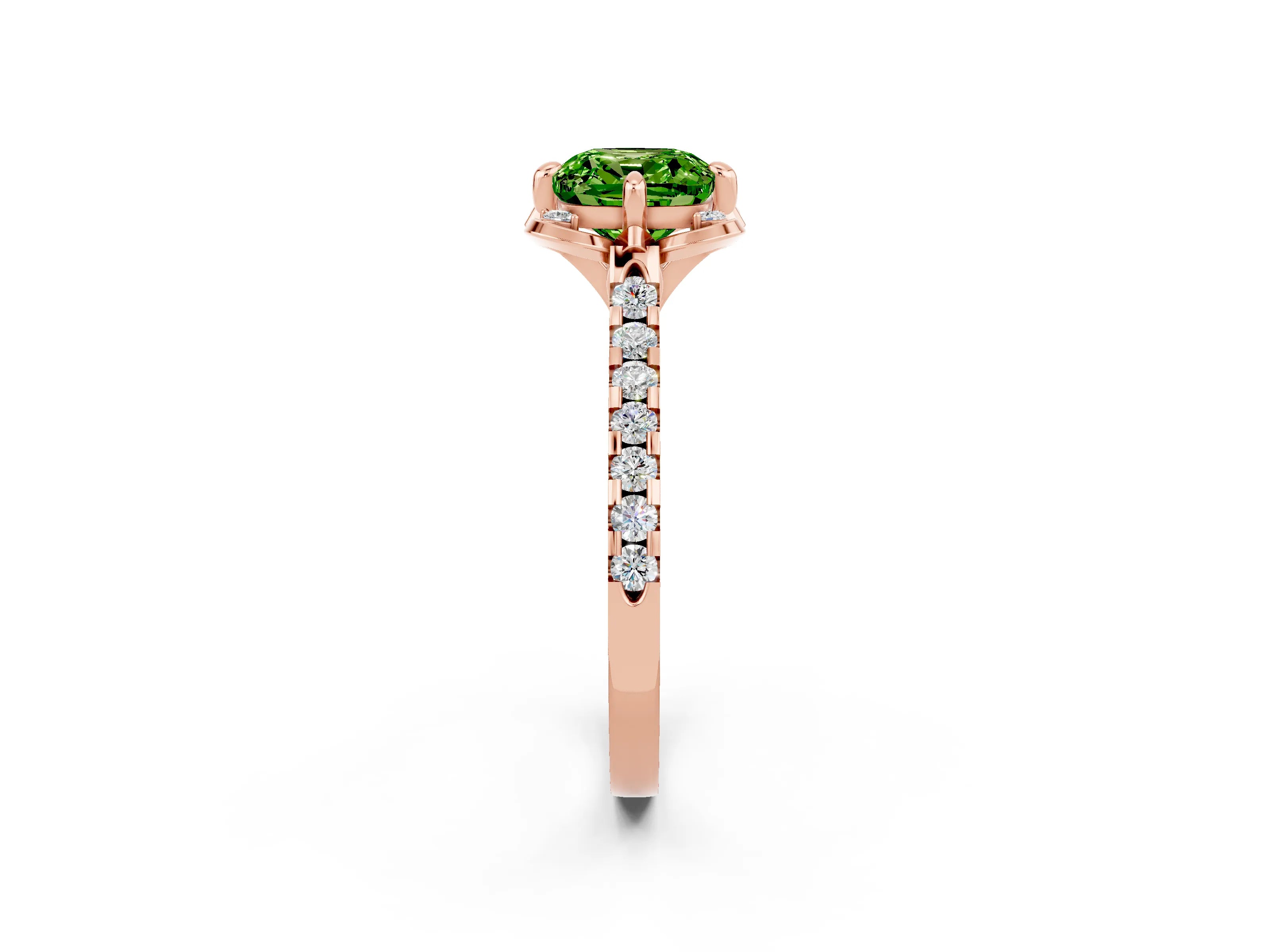 Rose gold Cushion Cut Peridot Ring with Pavé Band and Floral Prong Setting_2