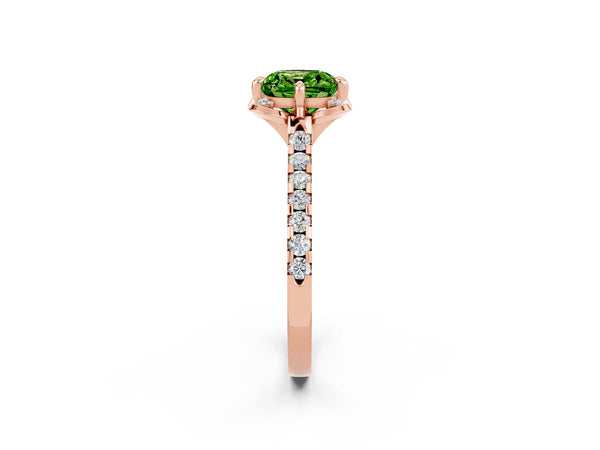 Rose gold Cushion Cut Peridot Ring with Pavé Band and Floral Prong Setting