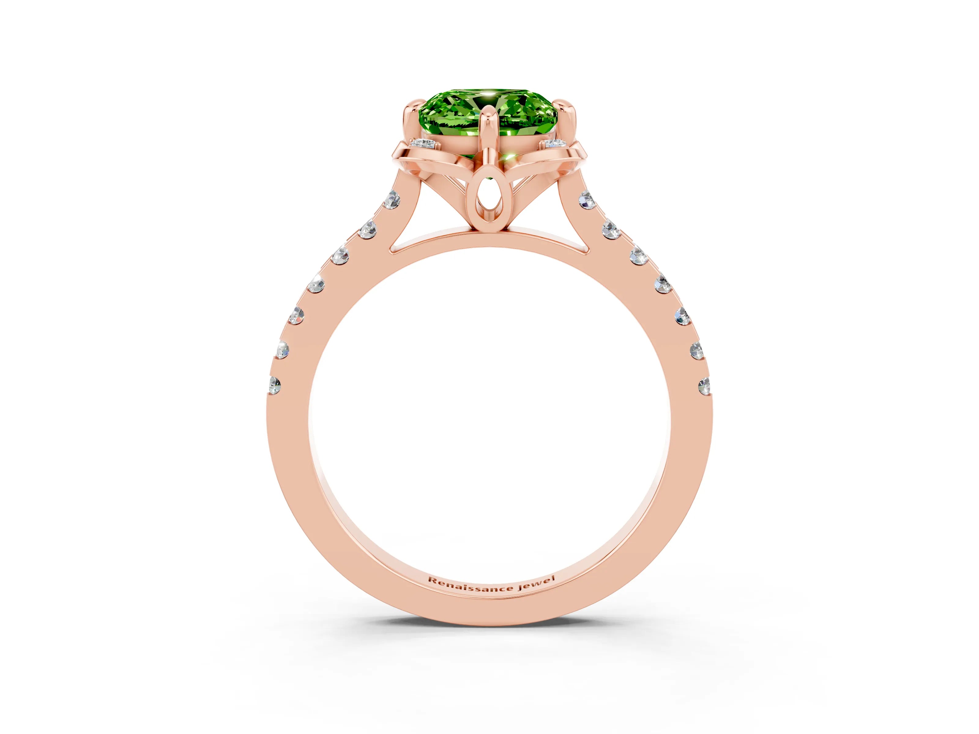 Rose gold Cushion Cut Peridot Ring with Pavé Band and Floral Prong Setting_3