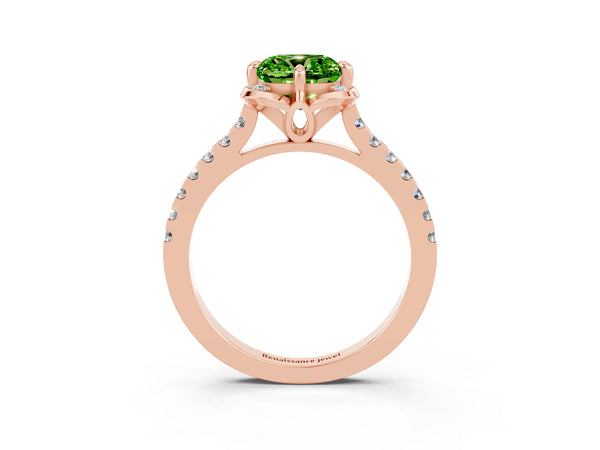 Rose gold Cushion Cut Peridot Ring with Pavé Band and Floral Prong Setting