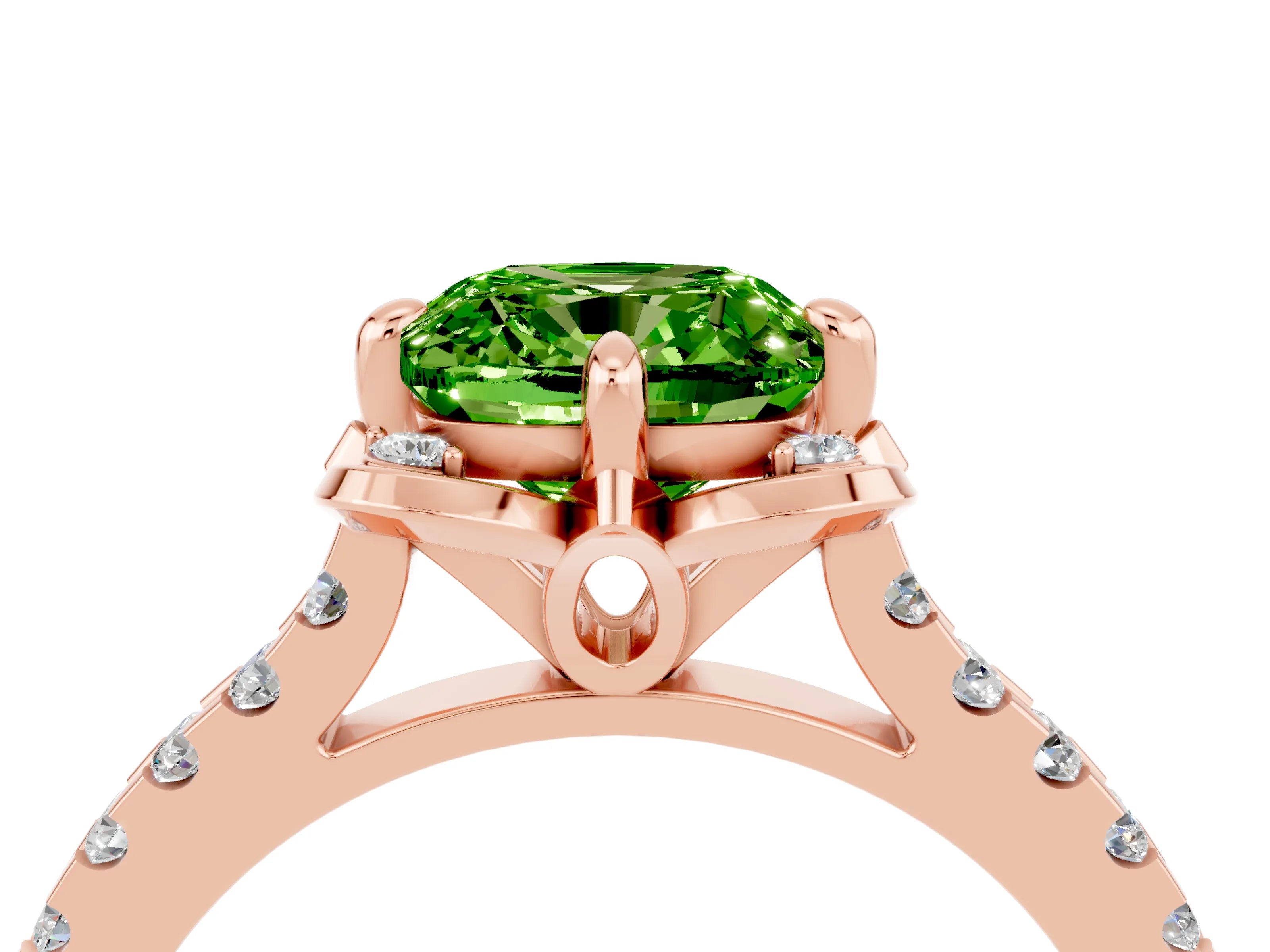Rose gold Cushion Cut Peridot Ring with Pavé Band and Floral Prong Setting_4
