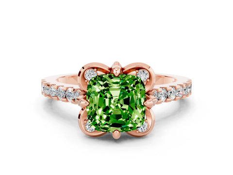 Rose gold Cushion Cut Peridot Ring with Pavé Band and Floral Prong Setting