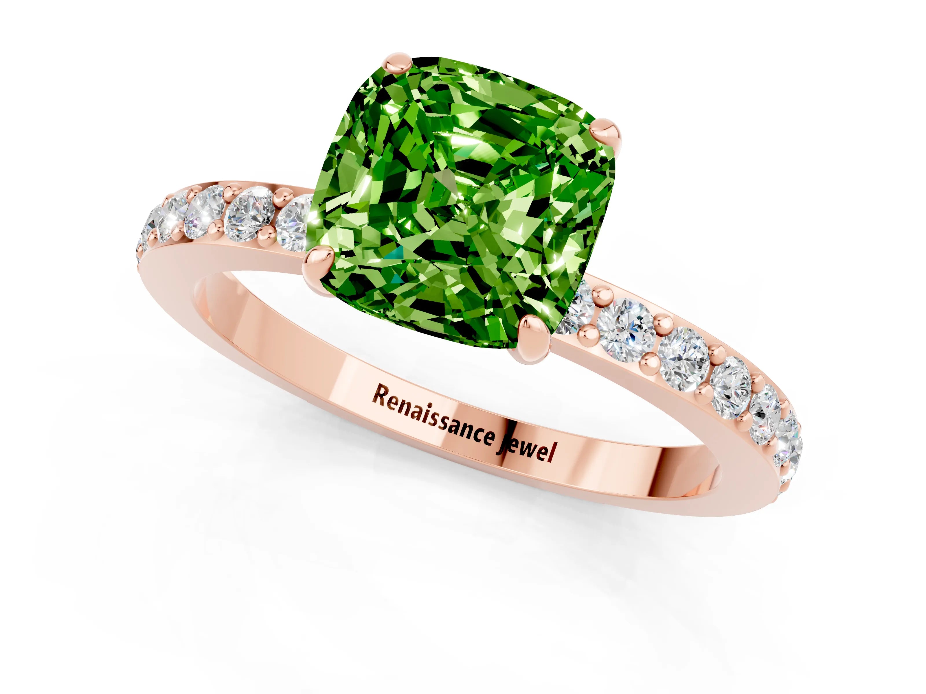 Rose gold Cushion Cut Peridot Ring with Pavé Band and Four-Prong Setting_1