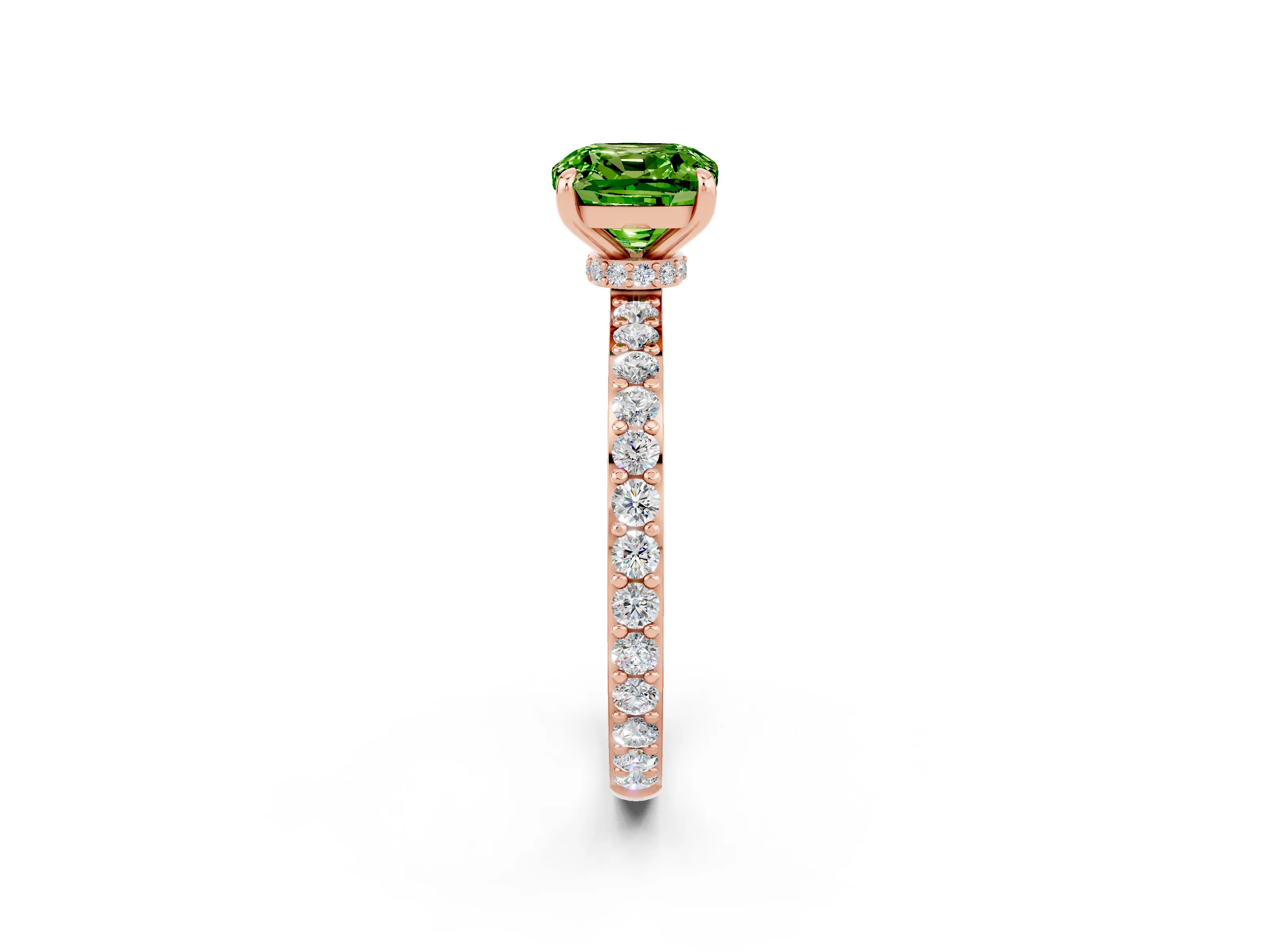 Rose gold Cushion Cut Peridot Ring with Pavé Band and Four-Prong Setting_2