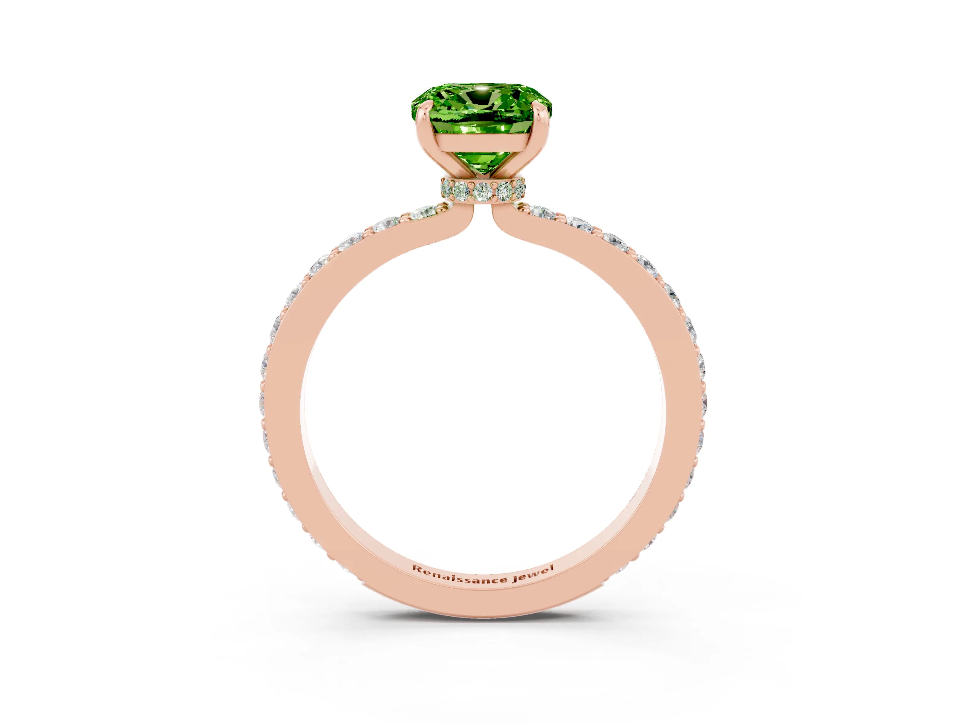 Rose gold Cushion Cut Peridot Ring with Pavé Band and Four-Prong Setting_3